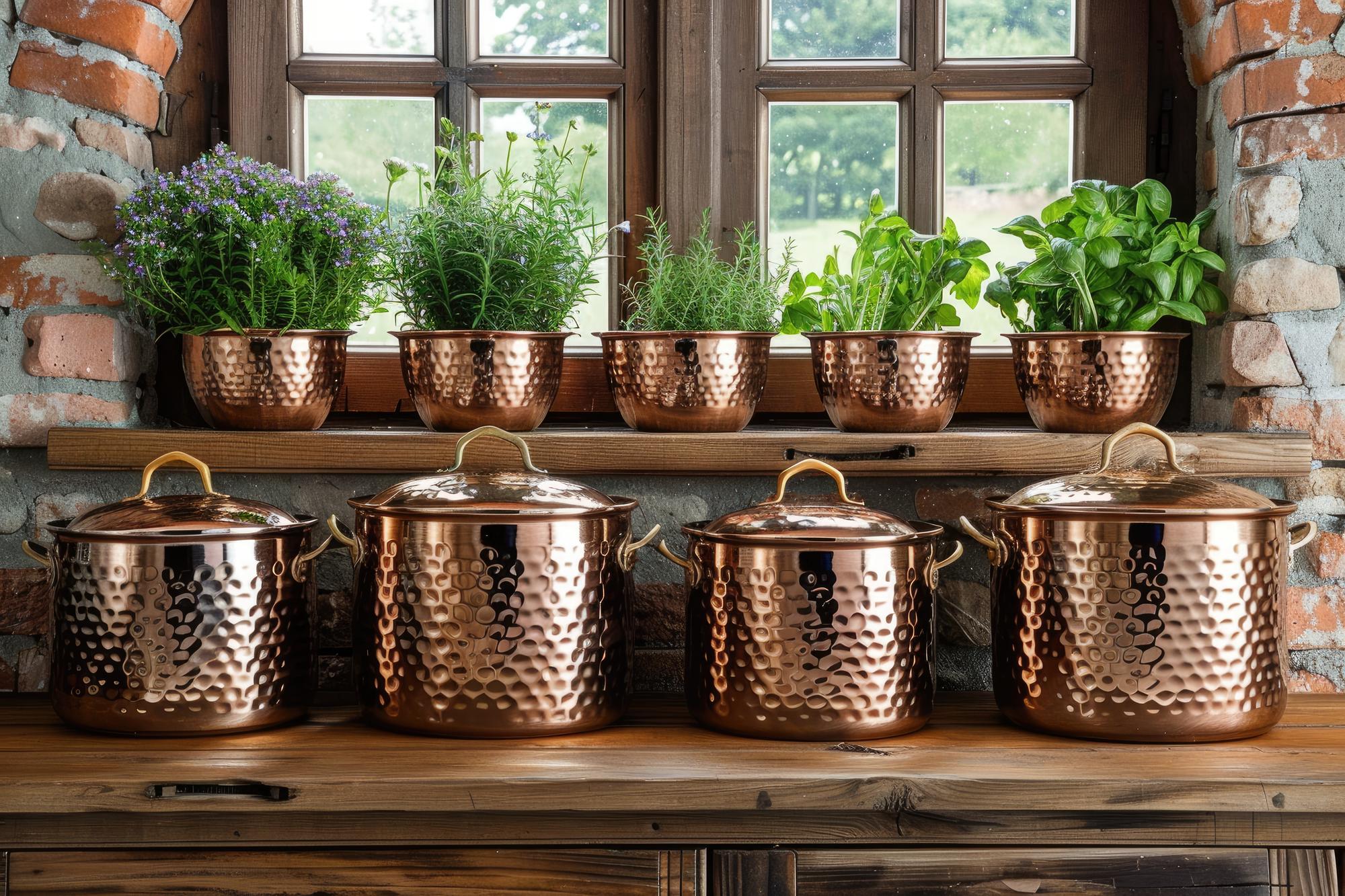 Small kitchen studio with copper pans and herbs
