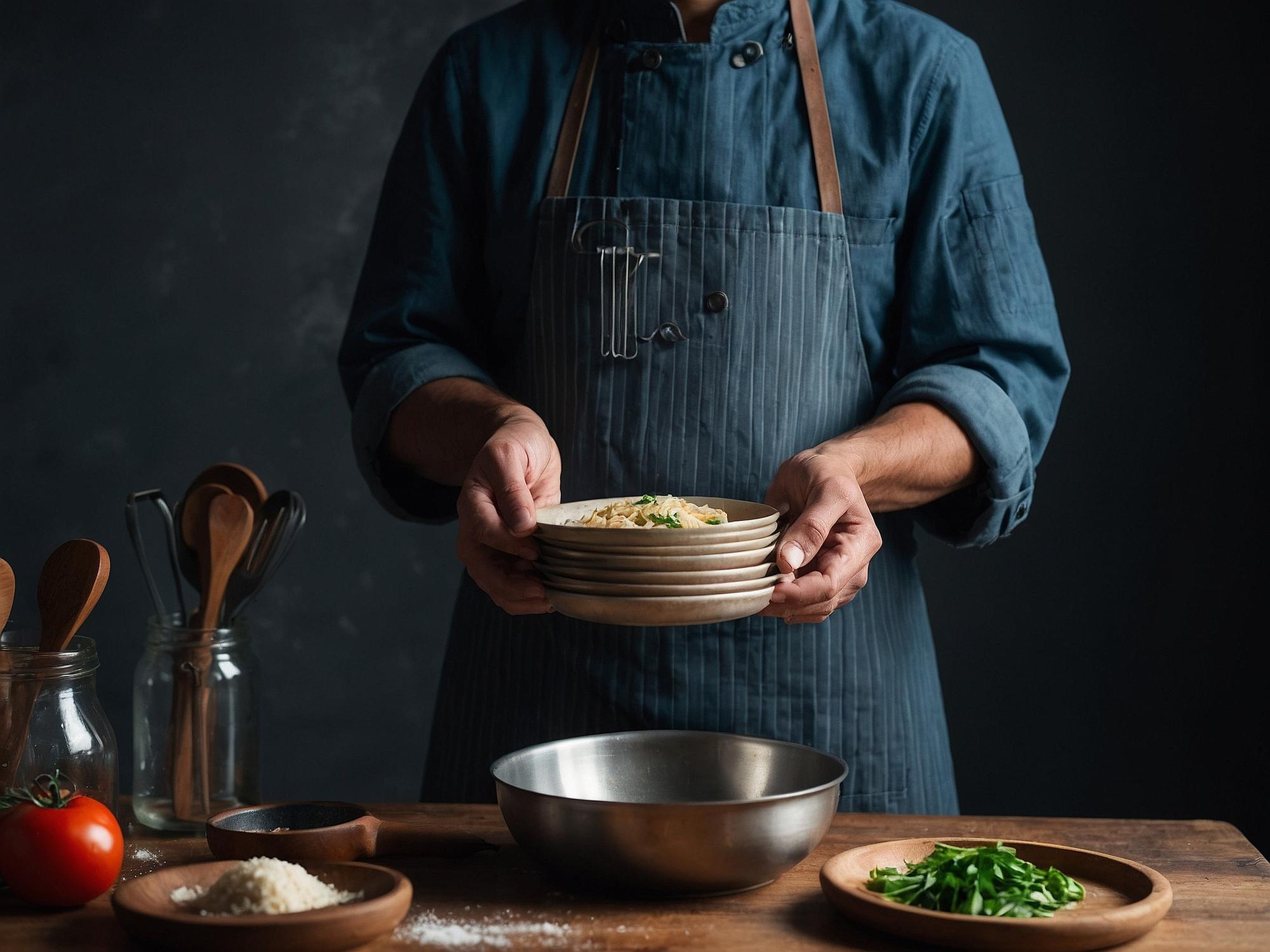 Chef arranging plated seasonal dish on wooden table